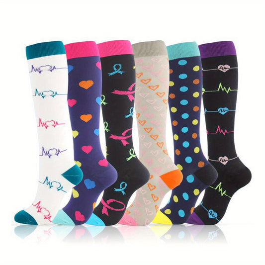 6 Pairs Colorful Knee High Compression Sports Socks for Running and Cycling