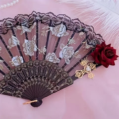 Vintage Folding Fan Spanish Style Rose Lace Cocktail Tea Party Accessory
