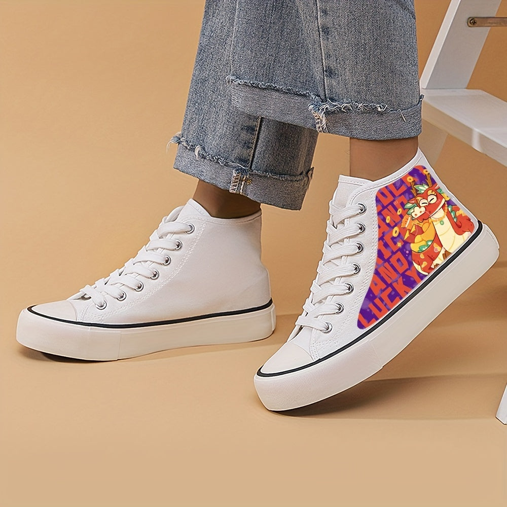 Dragon Pattern Skate Shoes High Top Girls Sneaker Lace Up