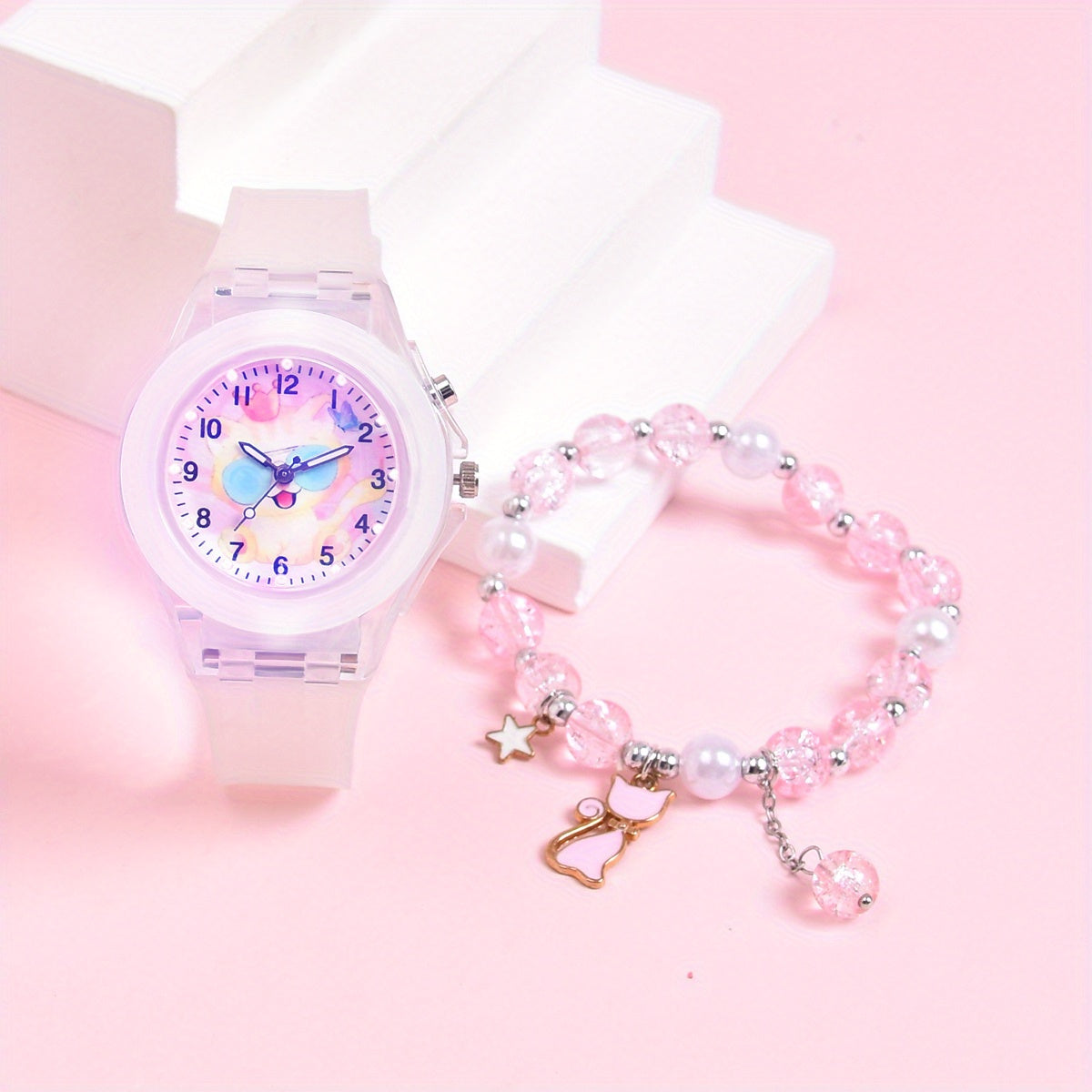 Girls' Cartoon Cat Glow in Dark Watch Set with Glasses Strap Bracelet