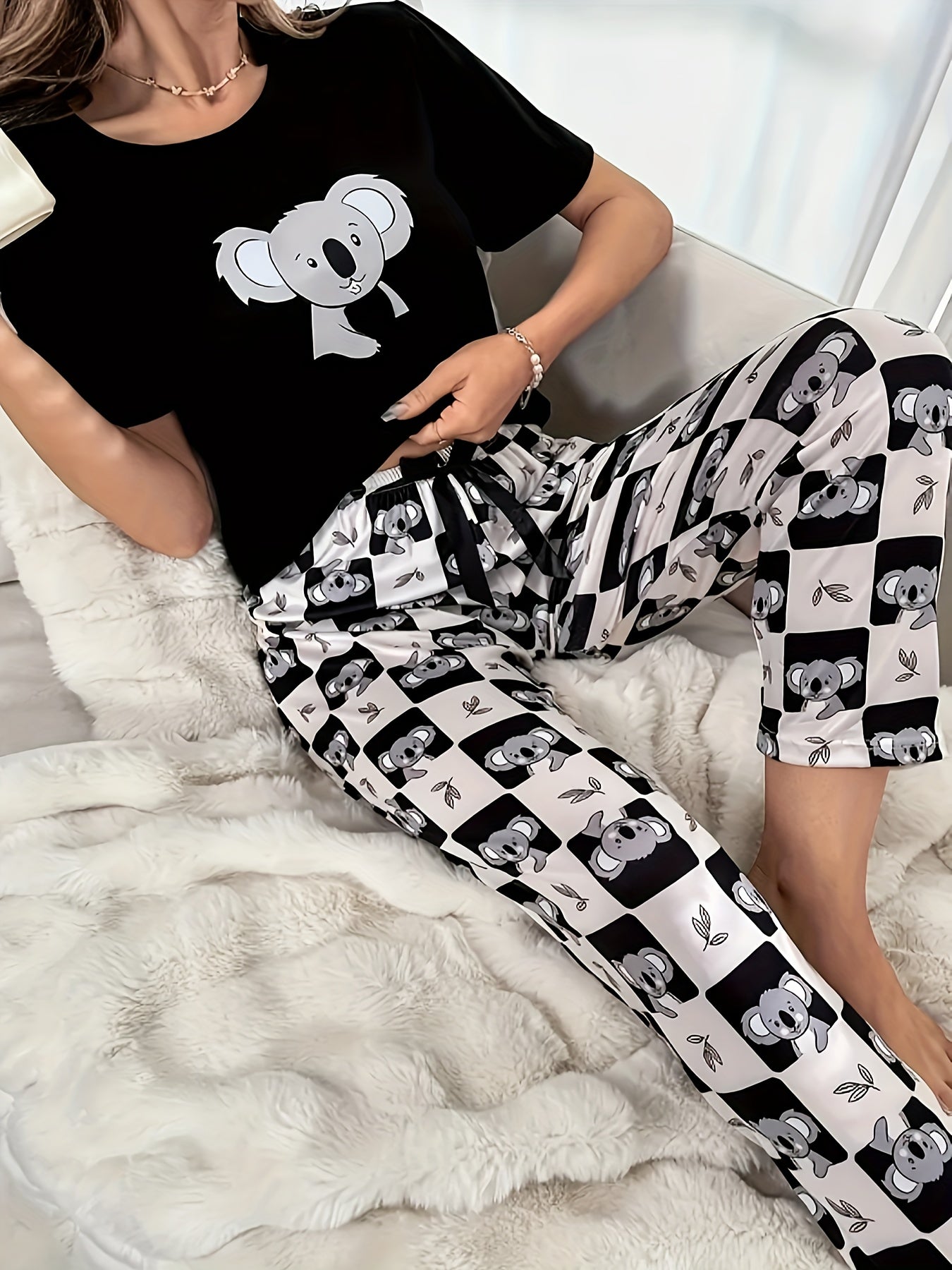 Koala & Checkered Print Tee & Pants Lounge Set