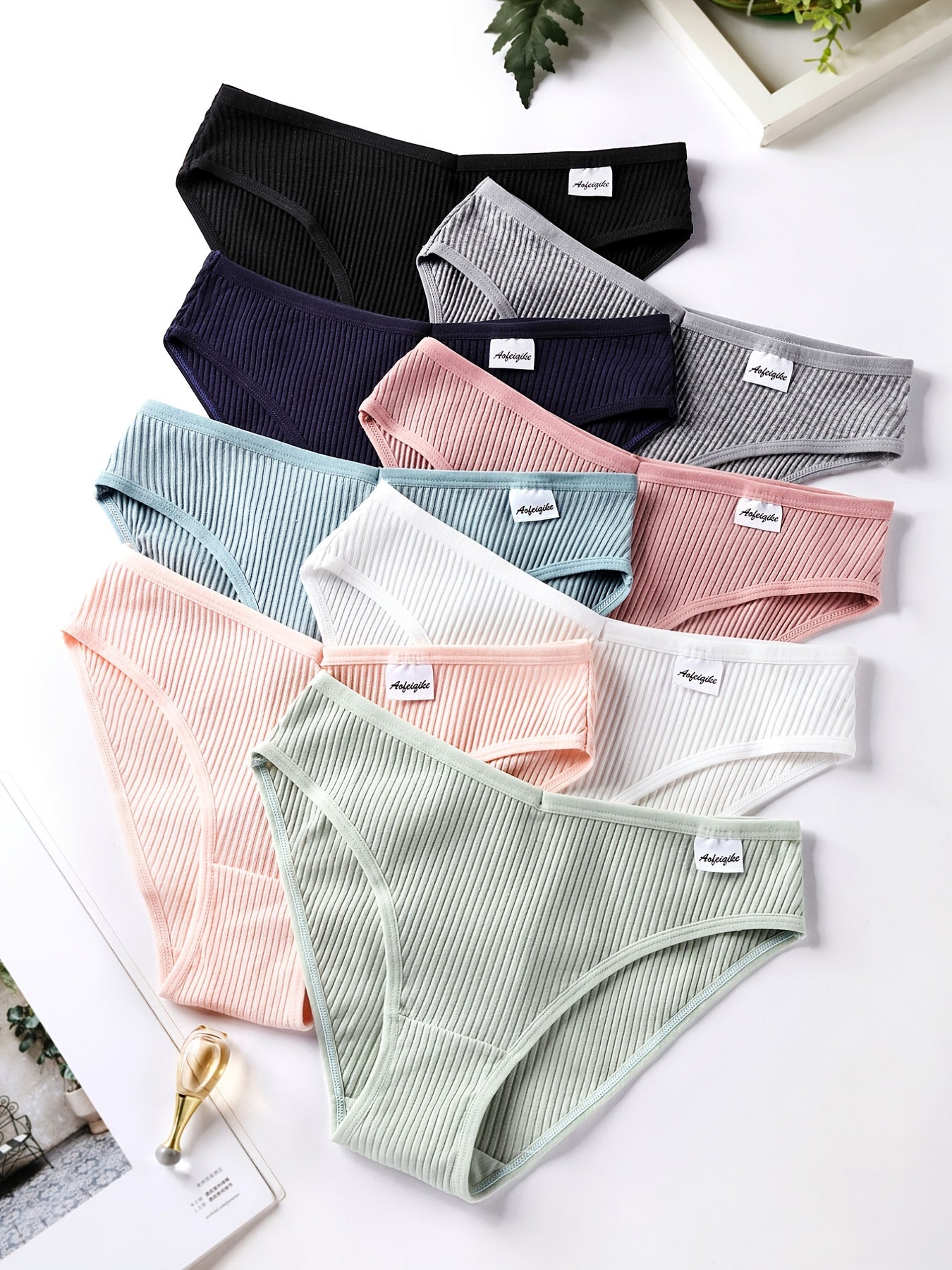 8pcs Ribbed Bikini Panties Comfortable Cotton Women's Lingerie
