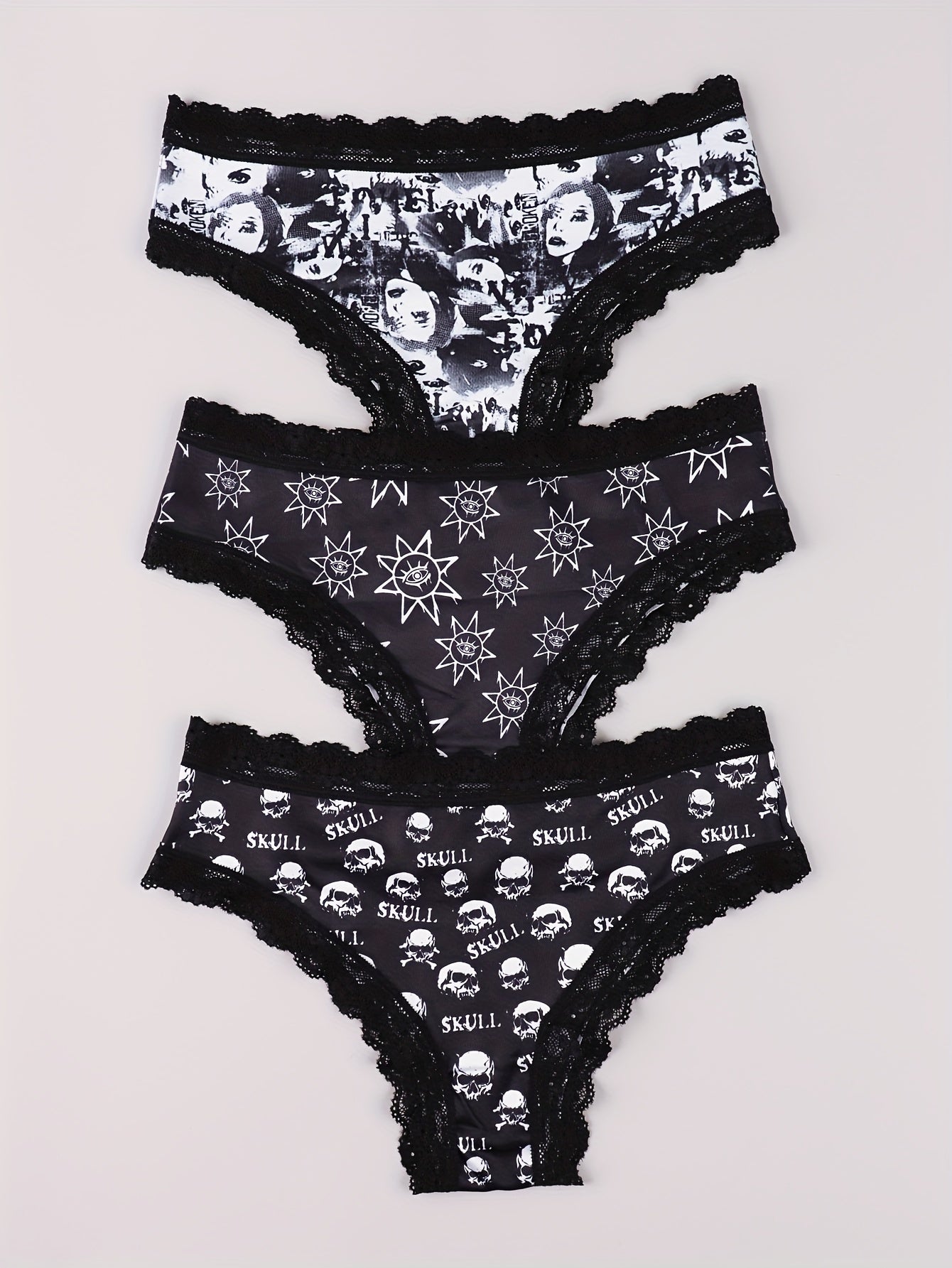 3 Pack Plus Size Gothic Panties Set Women's Plus Skull & Eyeball Sun Print Lace
