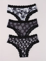 3 Pack Plus Size Gothic Panties Set Women's Plus Skull & Eyeball Sun Print Lace