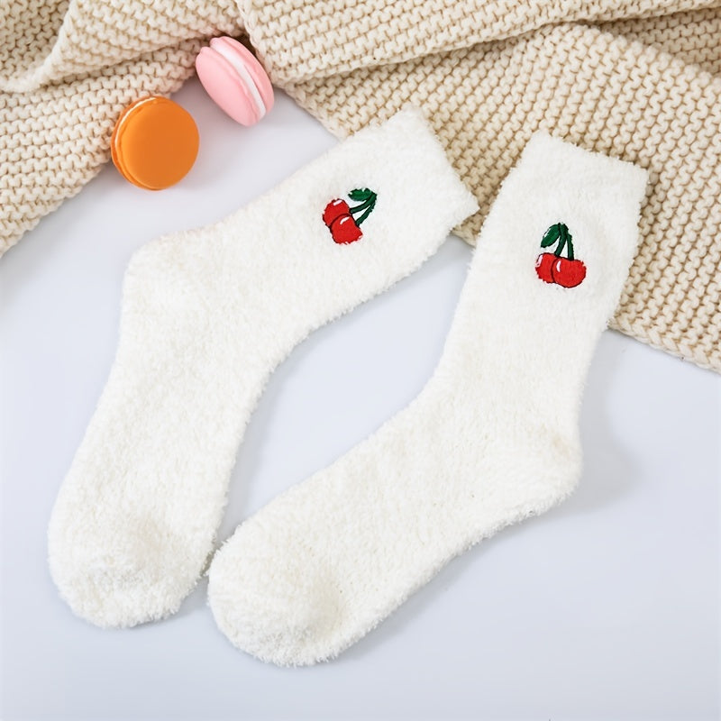 Soft Plush Home Floor Socks Fruit Pattern Thick & Warm Mid Tube Stockings