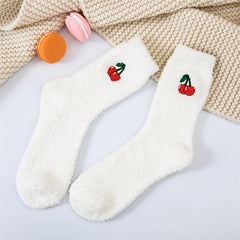 Soft Plush Home Floor Socks Fruit Pattern Thick & Warm Mid Tube Stockings