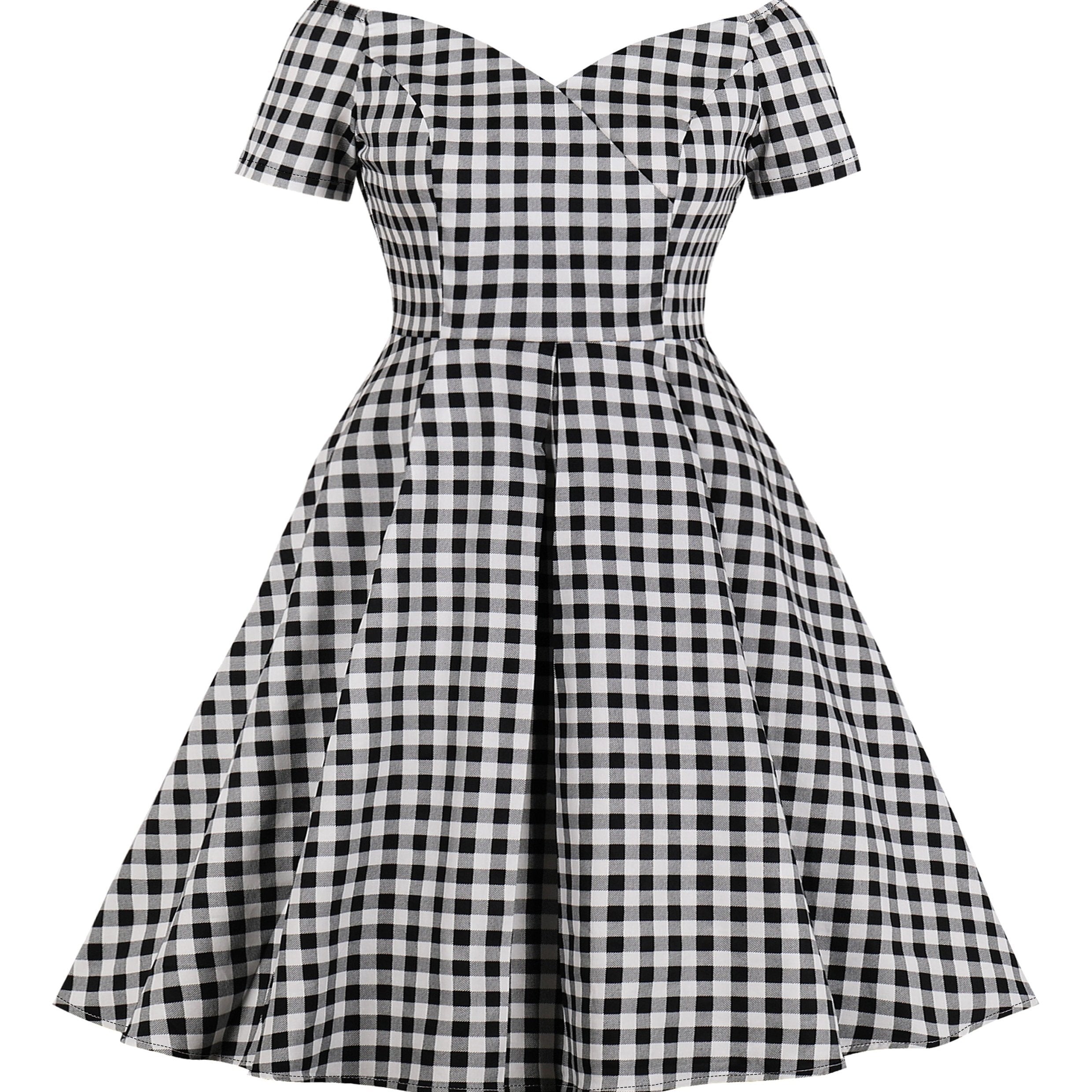 Gingham Print V-Neck A-Line Dress