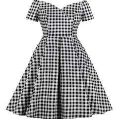Gingham Print V-Neck A-Line Dress