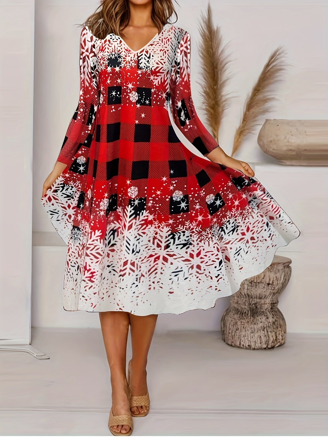 Colorblock Gingham Print V Neck Dress