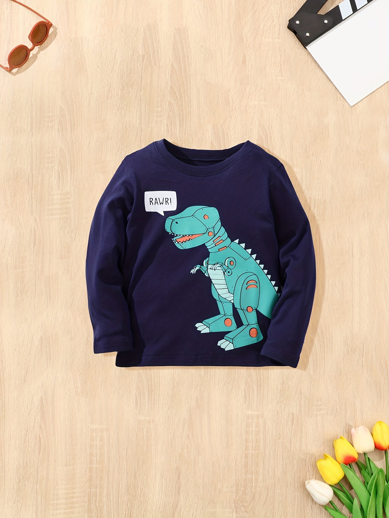 Dinosaur Robot Print Boys Cotton T shirt Kids Long Sleeve Casual Top