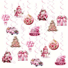 18pcs Pink Hanging Swirl Paper Santa Claus Decorations With Hooks