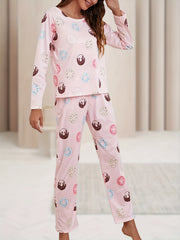 Donut Print Pajamas Set Round Neck Tee & Pants Loungewear