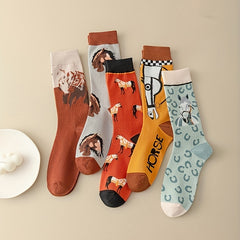 Cartoon Horse Print Socks Comfy & Funny Mid Tube Socks Women's Stockings