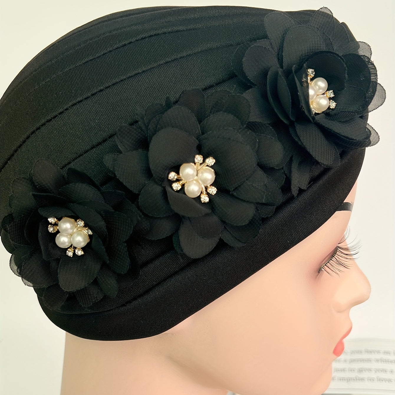 Pleated Turban Cap Faux Pearl Flower Decor Head Wrap Elastic Beanie
