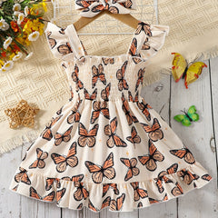 Baby Girls Butterfly Print Sleeveless Dress & Bow Headband Set