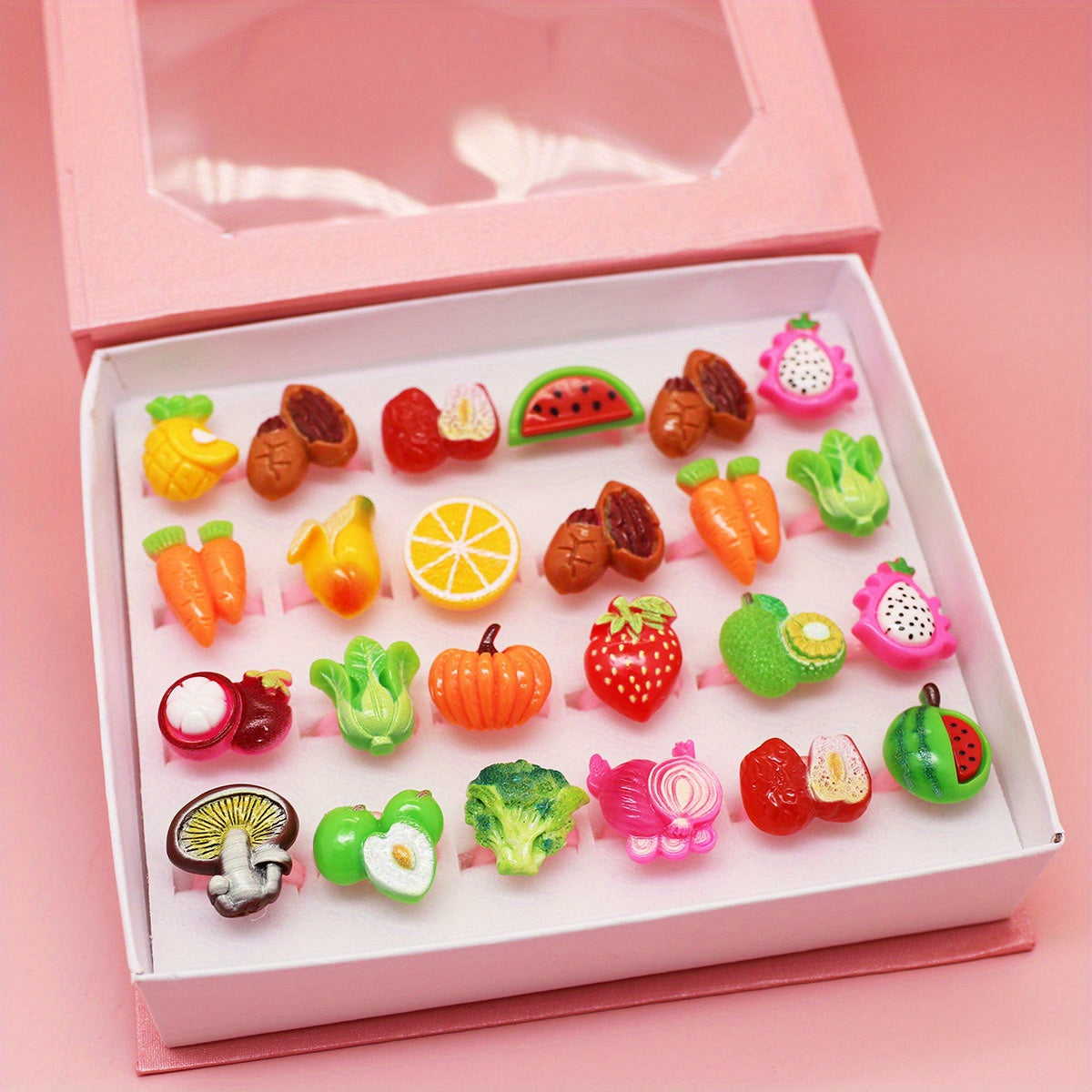 24pcs Pink Vegetable Series Adjustable Rings Box Girls Birthday