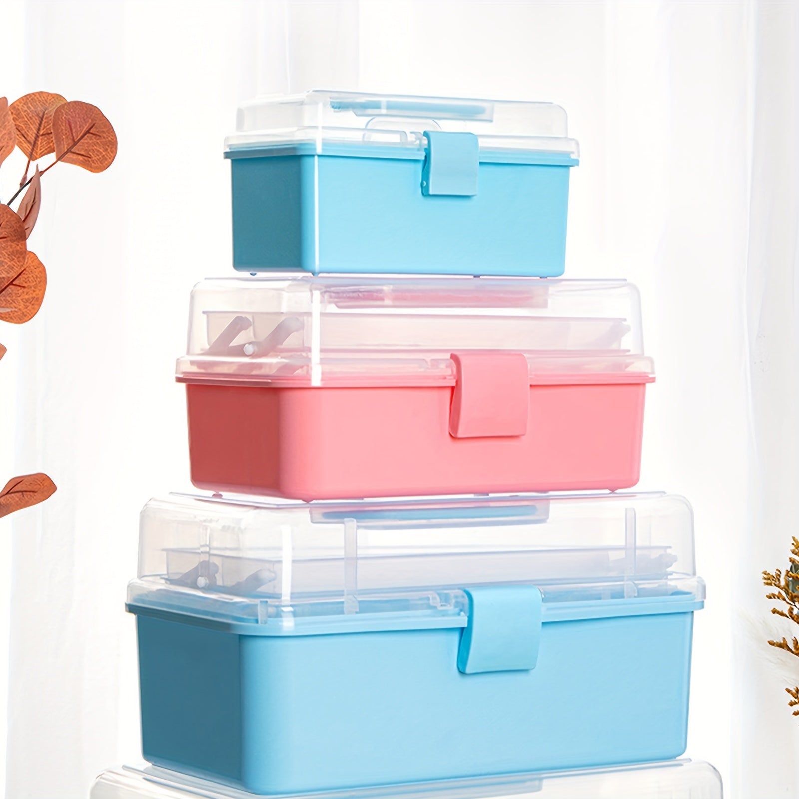 Clear Plastic Craft Storage Box 3 Layers Organizer with Handle