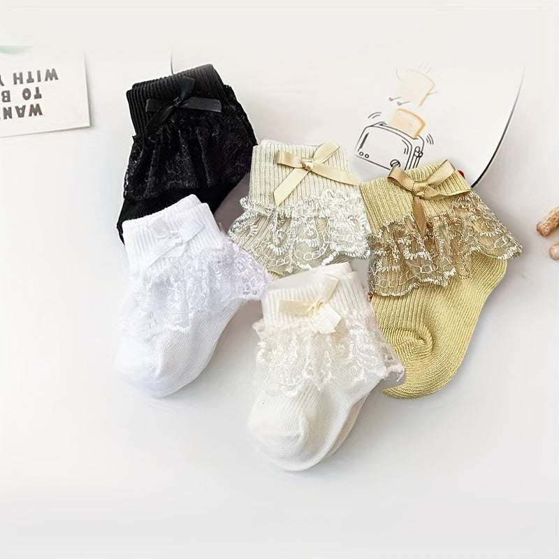 3Pairs Baby Girls Princess Lace Ruffles Bow Ankle Socks