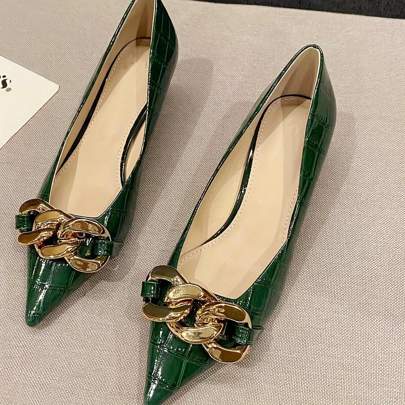 Chain Decor Kitten Heels Point Toe Dress Pumps Slip On Heels