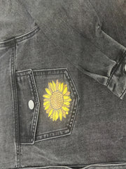 Dark Grey Sunflower Denim Jackets Long Sleeves Letter Print