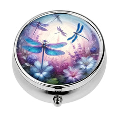 Dragonfly & Floral Round Pill Organizer 3 Compartments Portable Medicine Case