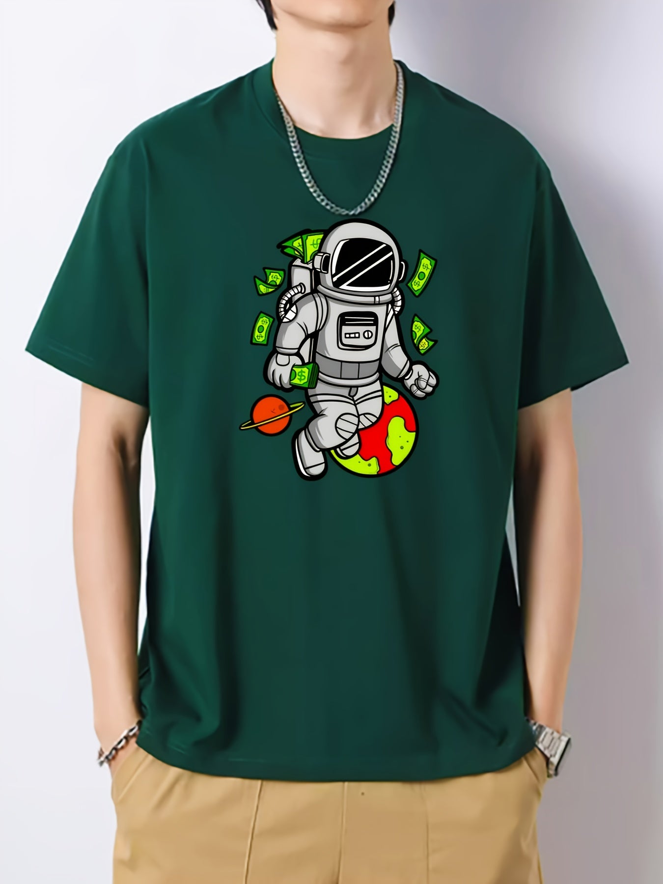 Cartoon Astronaut Print Men's Cotton Graphic Crew Neck Active T shirt