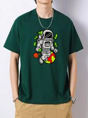 Cartoon Astronaut Print Men's Cotton Graphic Crew Neck Active T shirt