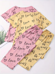 Heart Print Pajama Set Short Sleeve Crew Neck Top & Elastic Waistband Pants