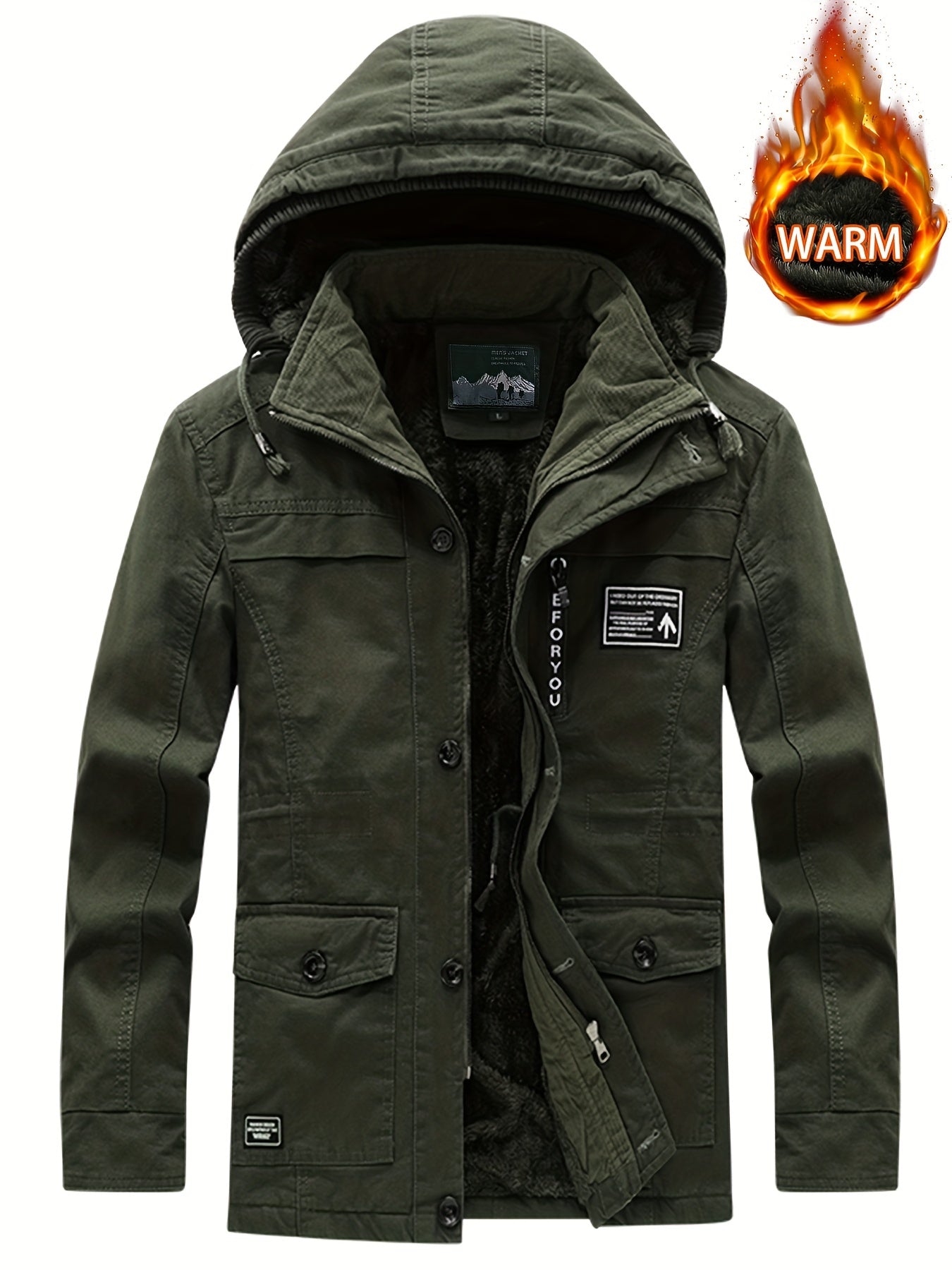 Men's Hooded Windproof Jacket Plush Warm Windbreaker For Autumn/Winter