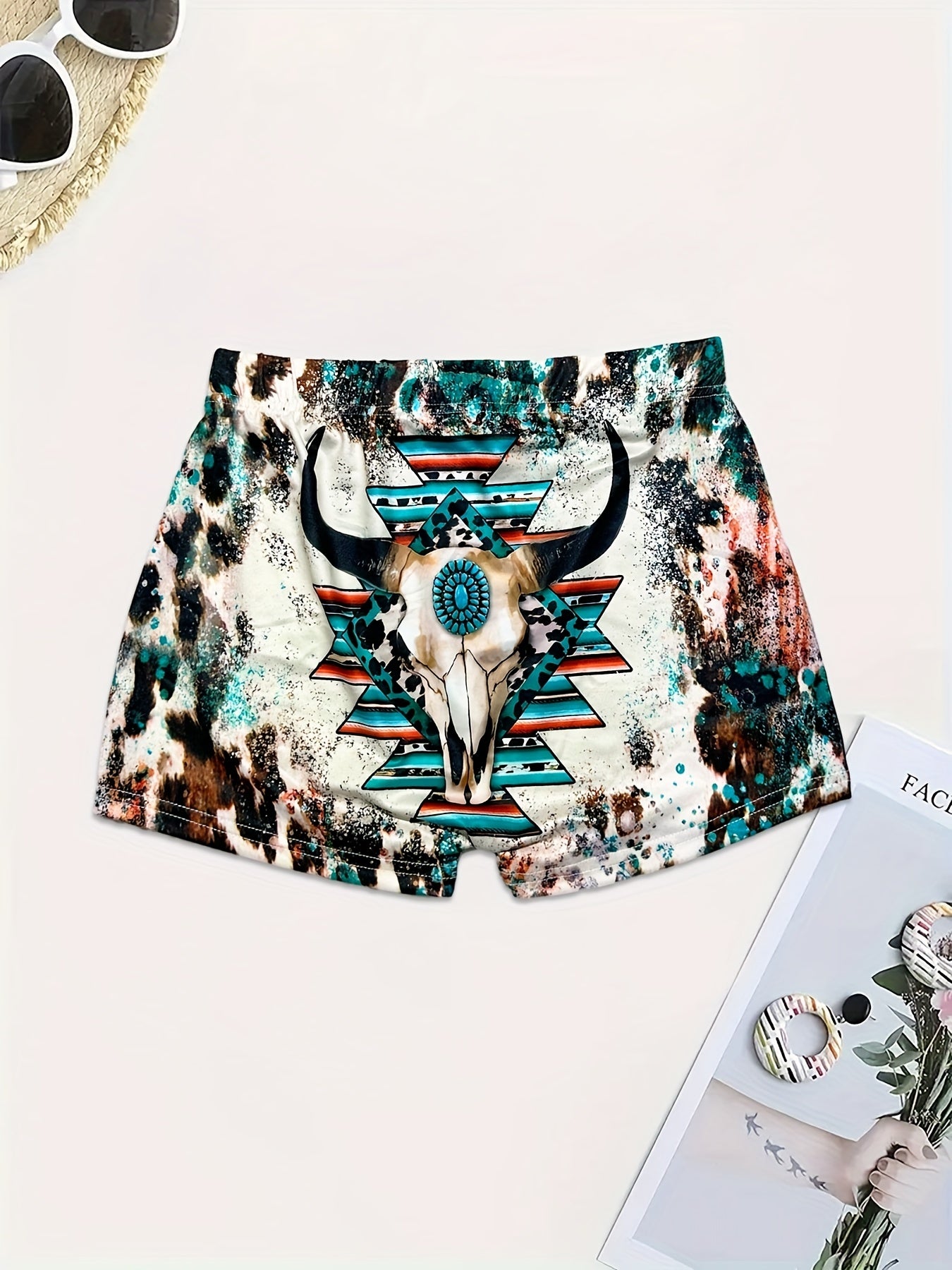 Bull Skull Print Skinny Shorts Women's Clothing