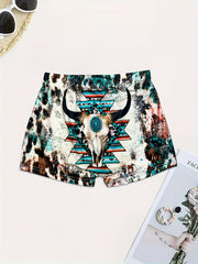 Bull Skull Print Skinny Shorts Women's Clothing