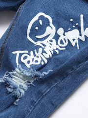 Boys Graffiti Ripped Jeans Skinny Slim Fit Denim Pants