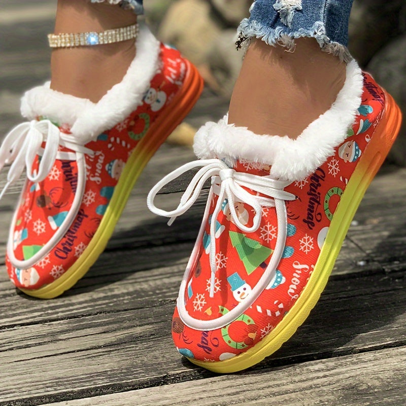 Women's Christmas Snow Boots Snowman Prints Winter Warm Lace-up Shoes