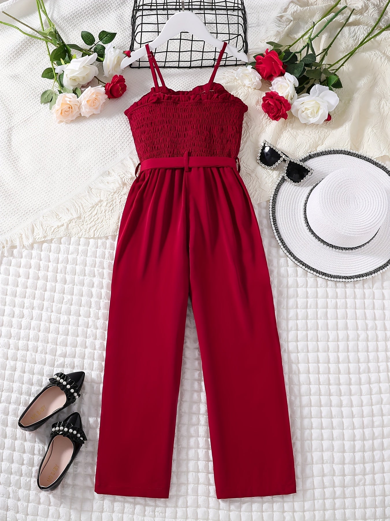 Girls Frill Trim Shirred Belted Cami Rompers - Summer Clothes