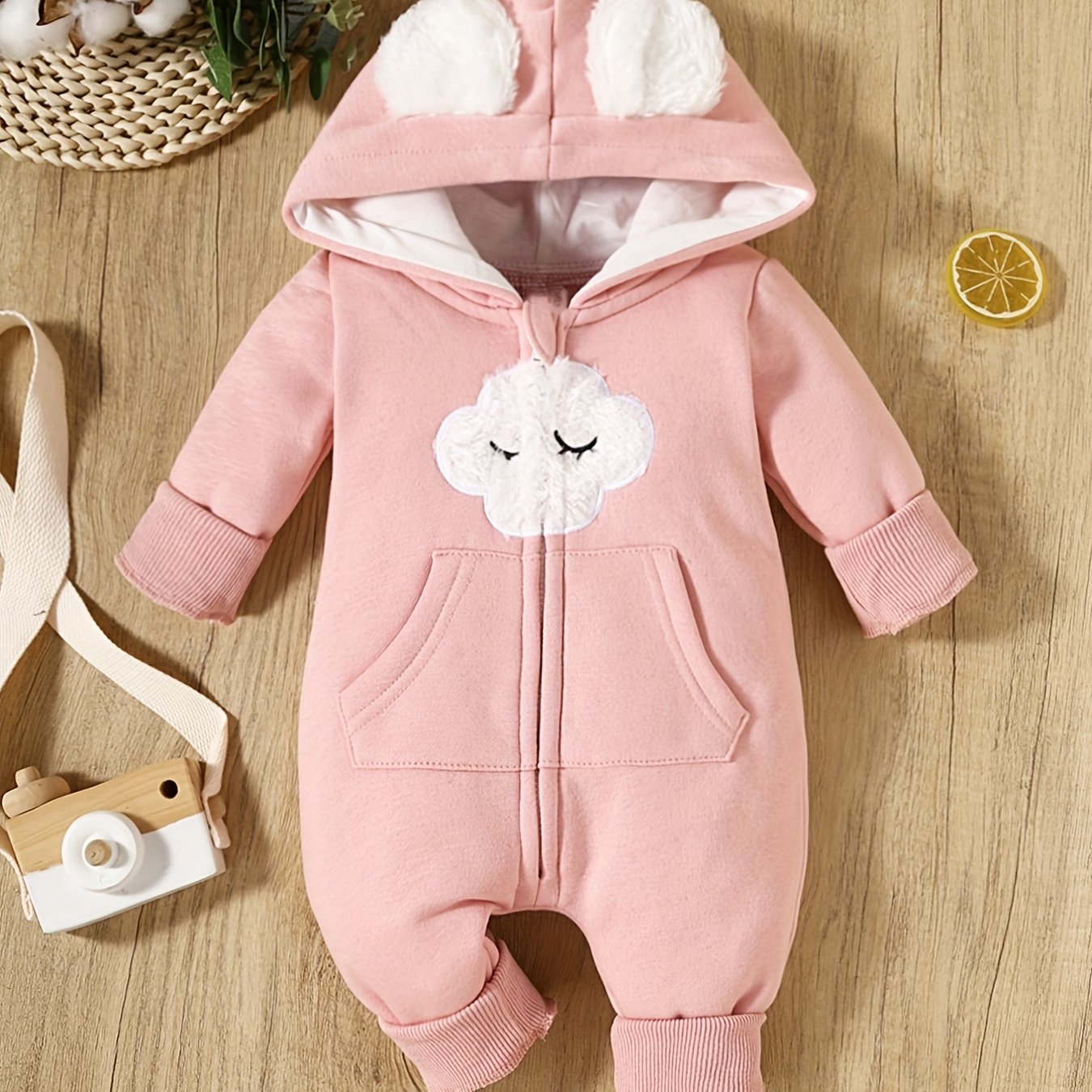 Infant Cloud Print Jumpsuit w/ Bear Ears Hood & Pocket - Newborn Baby Gift