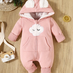 Infant Cloud Print Jumpsuit w/ Bear Ears Hood & Pocket - Newborn Baby Gift