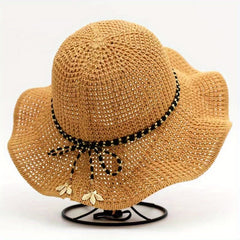 Ruffles Hollow Out Sun Hat Solid Floppy Bucket Hat Bowknot Decor Crochet