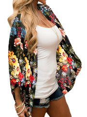 Floral Print Cover Up Shirt V Neck Long Sleeve Rash Guard Beachwear Cardigan Chi