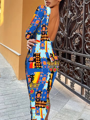 Backless Abstract Print Dress Sexy Long Sleeve Bodycon Midi Dress