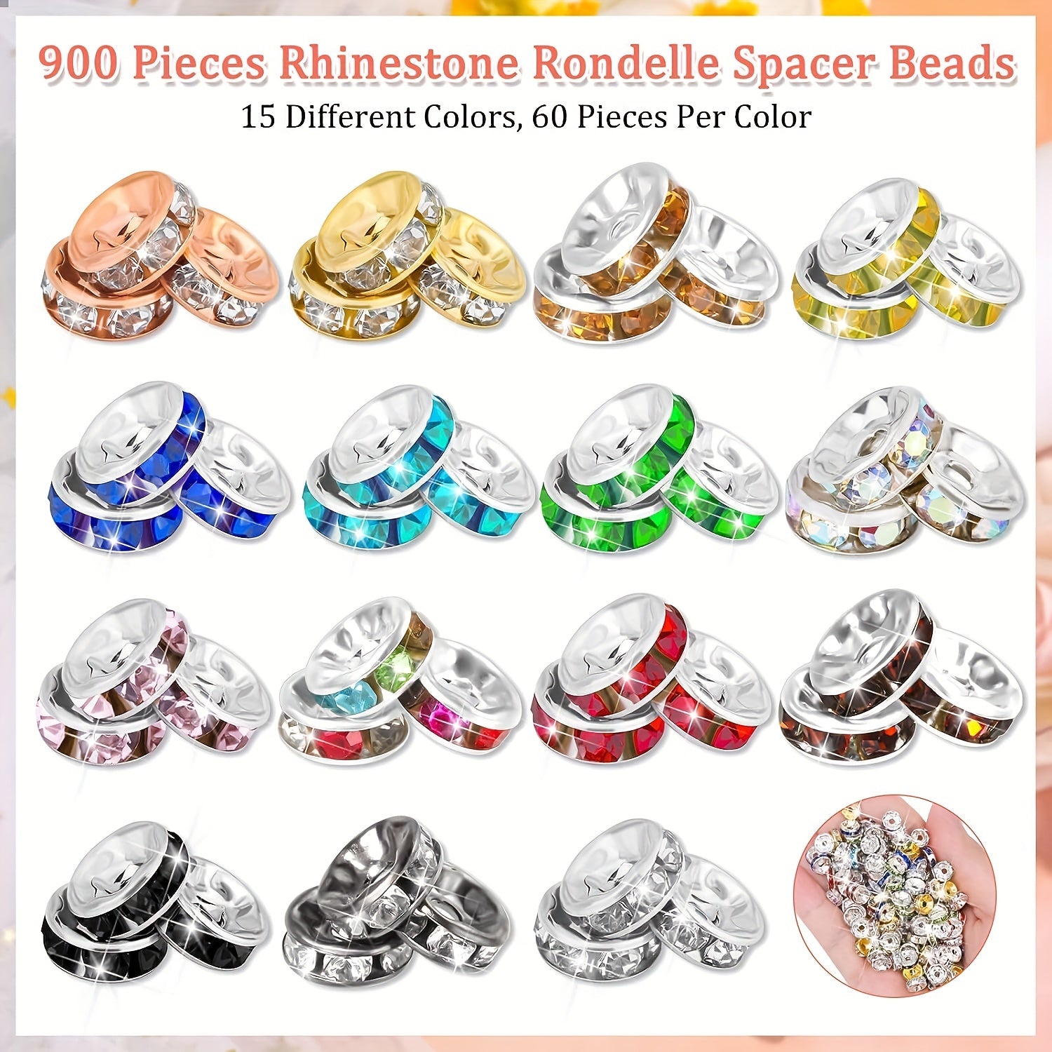900pcs 8mm Rhinestone Spacer Beads 15 Colors