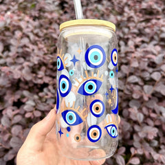16oz Eyes Pattern Glass Cup Set Bamboo Lid Straw Holiday Gift