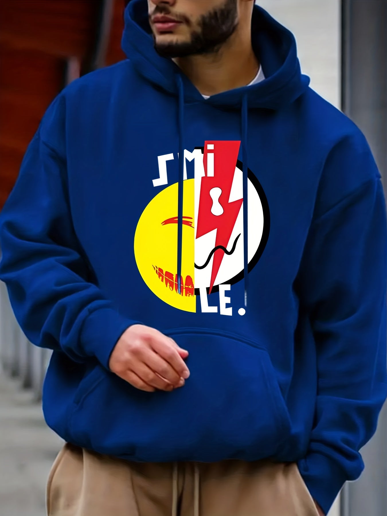 Men's Smile Face Print Hooded Sweatshirt Long Sleeve Drawstrings