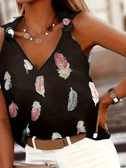 Feather Print Knotted Strap Tank Top Casual V Neck Sleeveless Tank Top