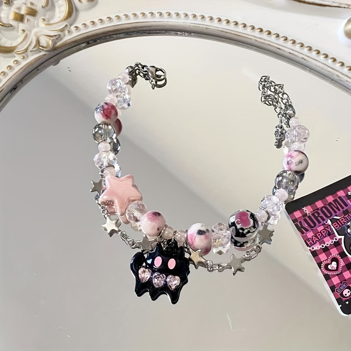 Ghost Cat Pink Beaded Bracelet Star Decor Double Layered Bracelet Y2K Jewelry