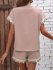 Tassel Trim Two Piece Set V Neck Blouse & Shorts Outfit