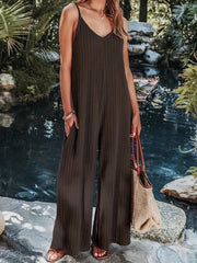 Solid V Neck Sleeveless Jumpsuit Wide Leg