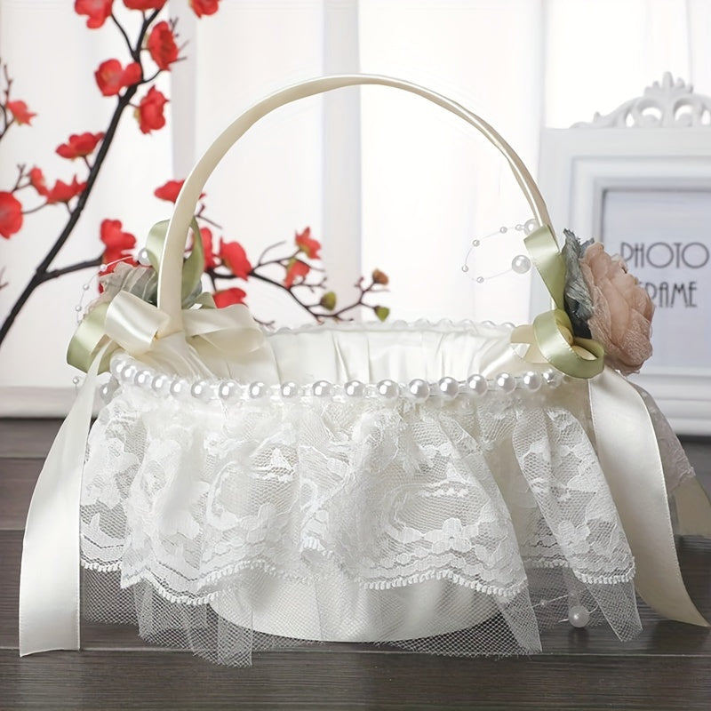 Wedding Flower Basket Beaded Petals Basket Satin Bridal Basket With Handle