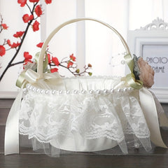 Wedding Flower Basket Beaded Petals Basket Satin Bridal Basket With Handle