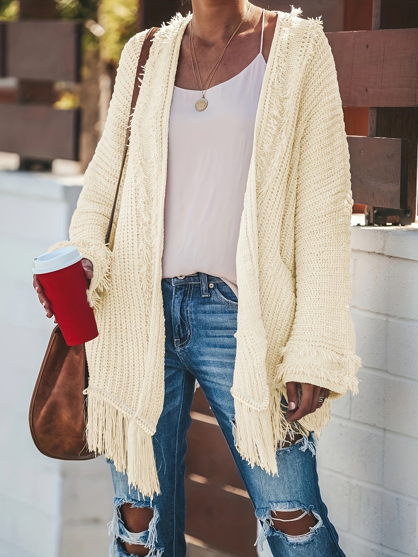 Solid Fringe Trim Cardigan Long Sleeve Open Front