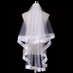 Short Double Layer Bridal Veil with Ribbon Fairy Wedding Collar